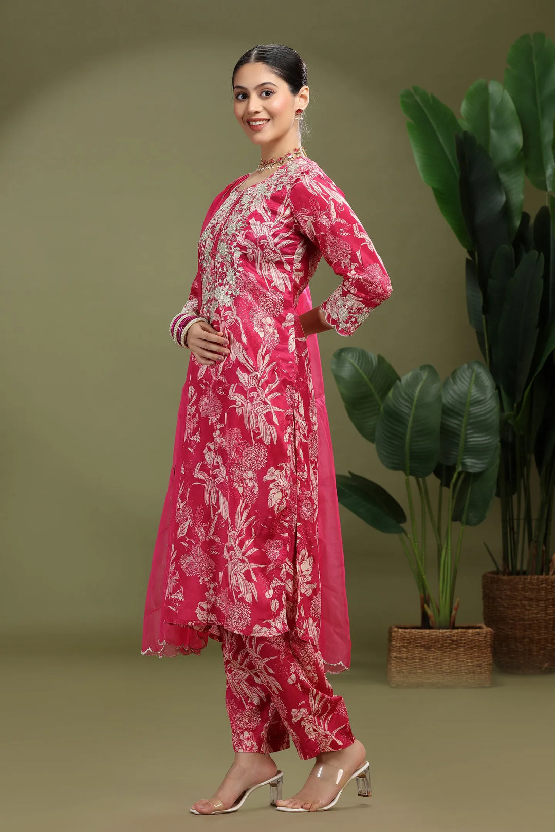 Pink Roman Silk Embroidered Straight Kurta Pant and Dupatta Suit Set