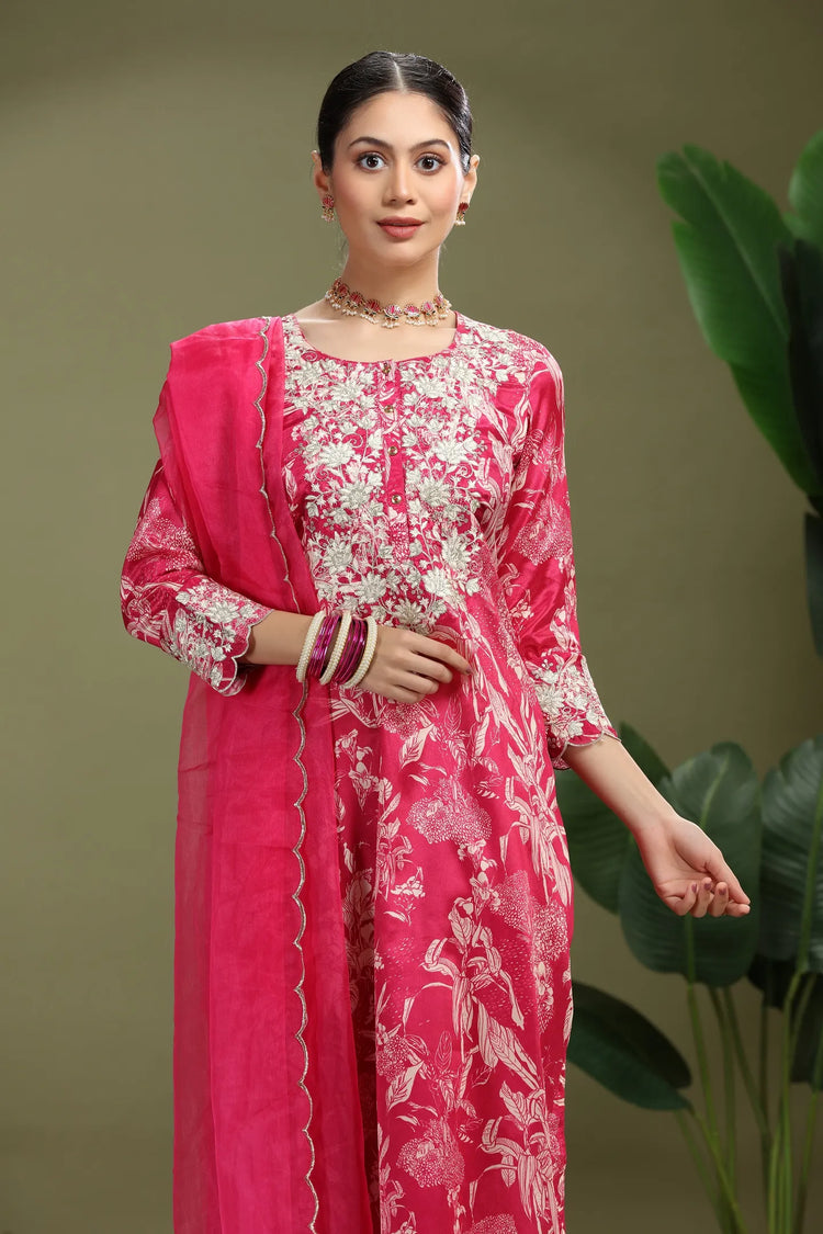 Pink Roman Silk Embroidered Straight Kurta Pant and Dupatta Suit Set