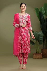 Pink Roman Silk Embroidered Straight Kurta Pant and Dupatta Suit Set