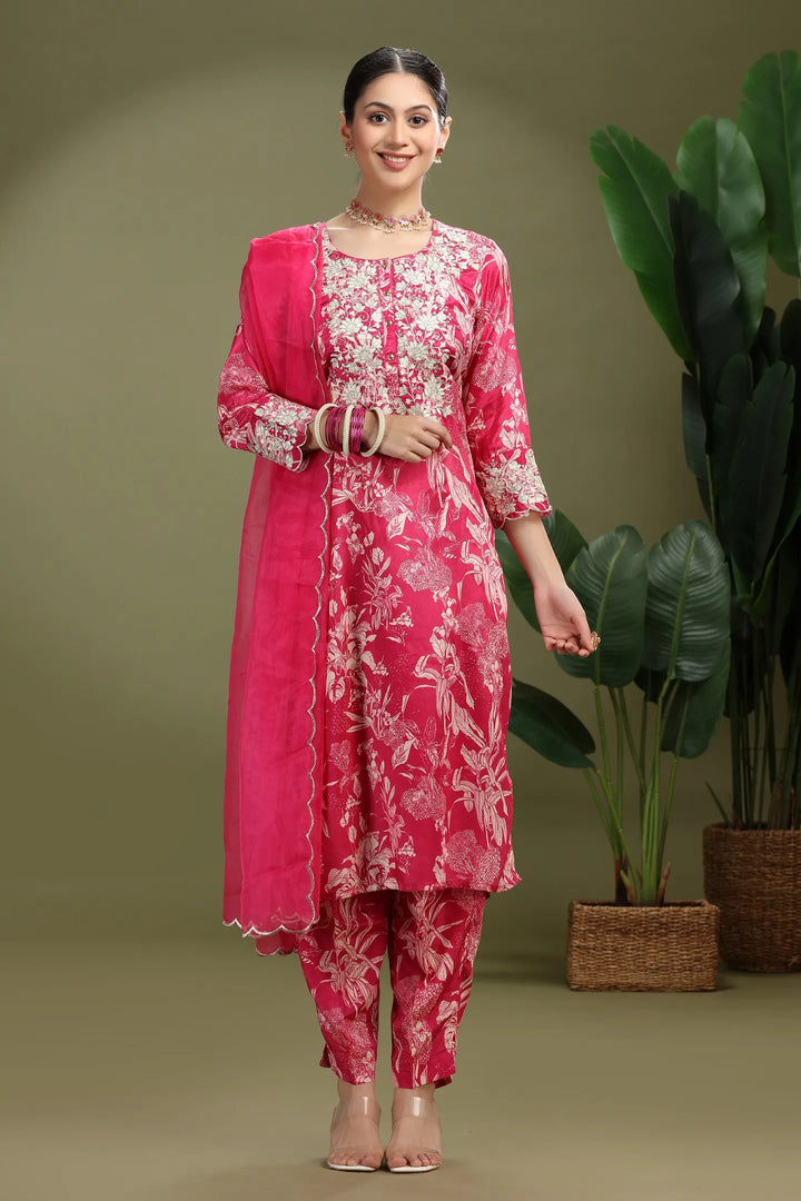 Pink Roman Silk Embroidered Straight Kurta Pant and Dupatta Suit Set