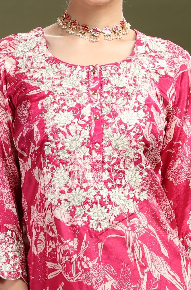 Pink Roman Silk Embroidered Straight Kurta Pant and Dupatta Suit Set