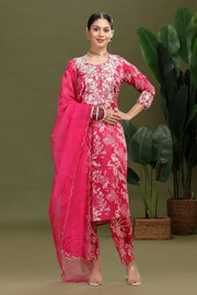 Pink Roman Silk Embroidered Straight Kurta Pant and Dupatta Suit Set