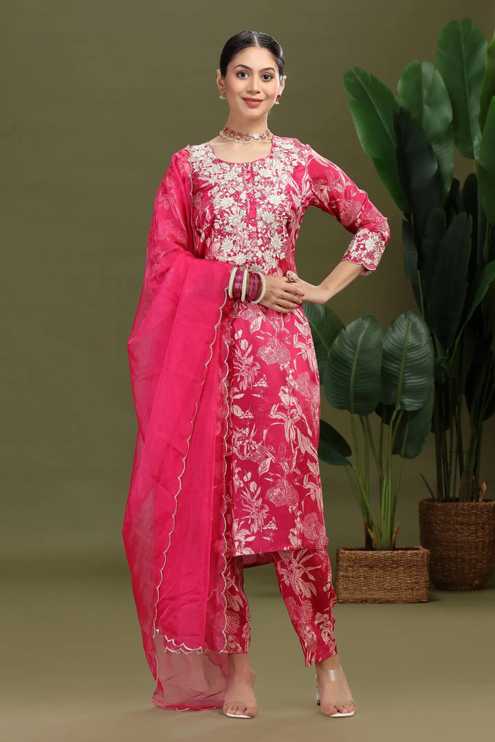 Pink Roman Silk Embroidered Straight Kurta Pant and Dupatta Suit Set
