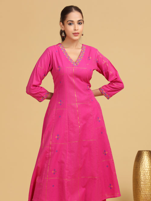 Pink Striped Embroidered A-Line Ethnic Set