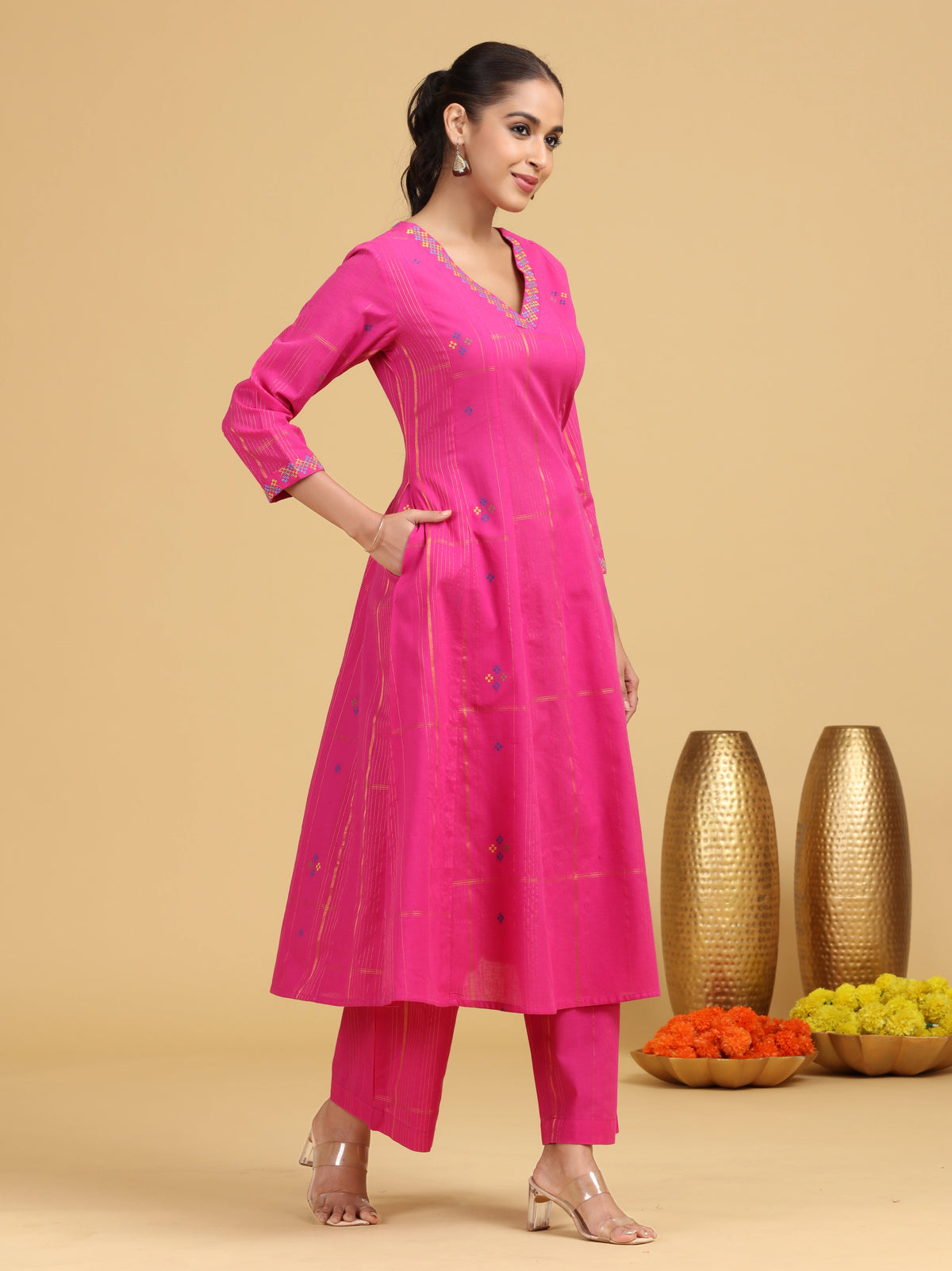 Pink Striped Embroidered A-Line Ethnic Set