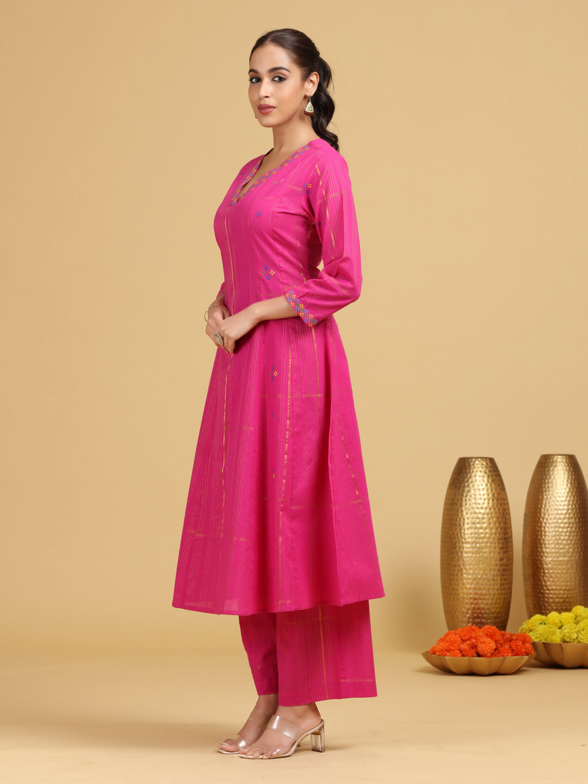 Pink Striped Embroidered A-Line Ethnic Set
