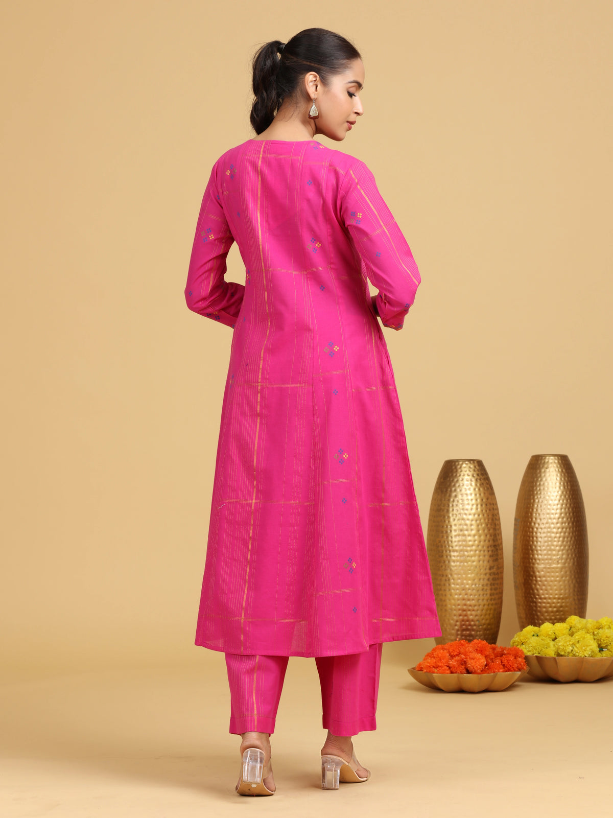 Pink Striped Embroidered A-Line Ethnic Set