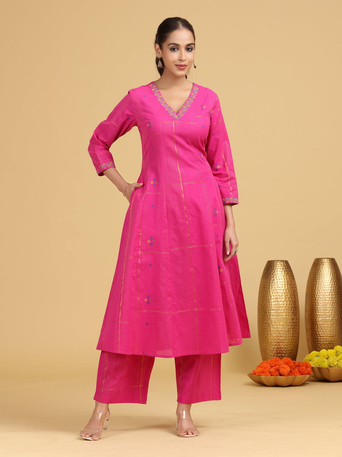 Pink Striped Embroidered A-Line Ethnic Set