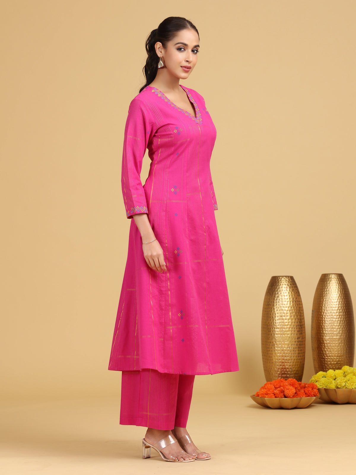 Pink Striped Embroidered A-Line Ethnic Set