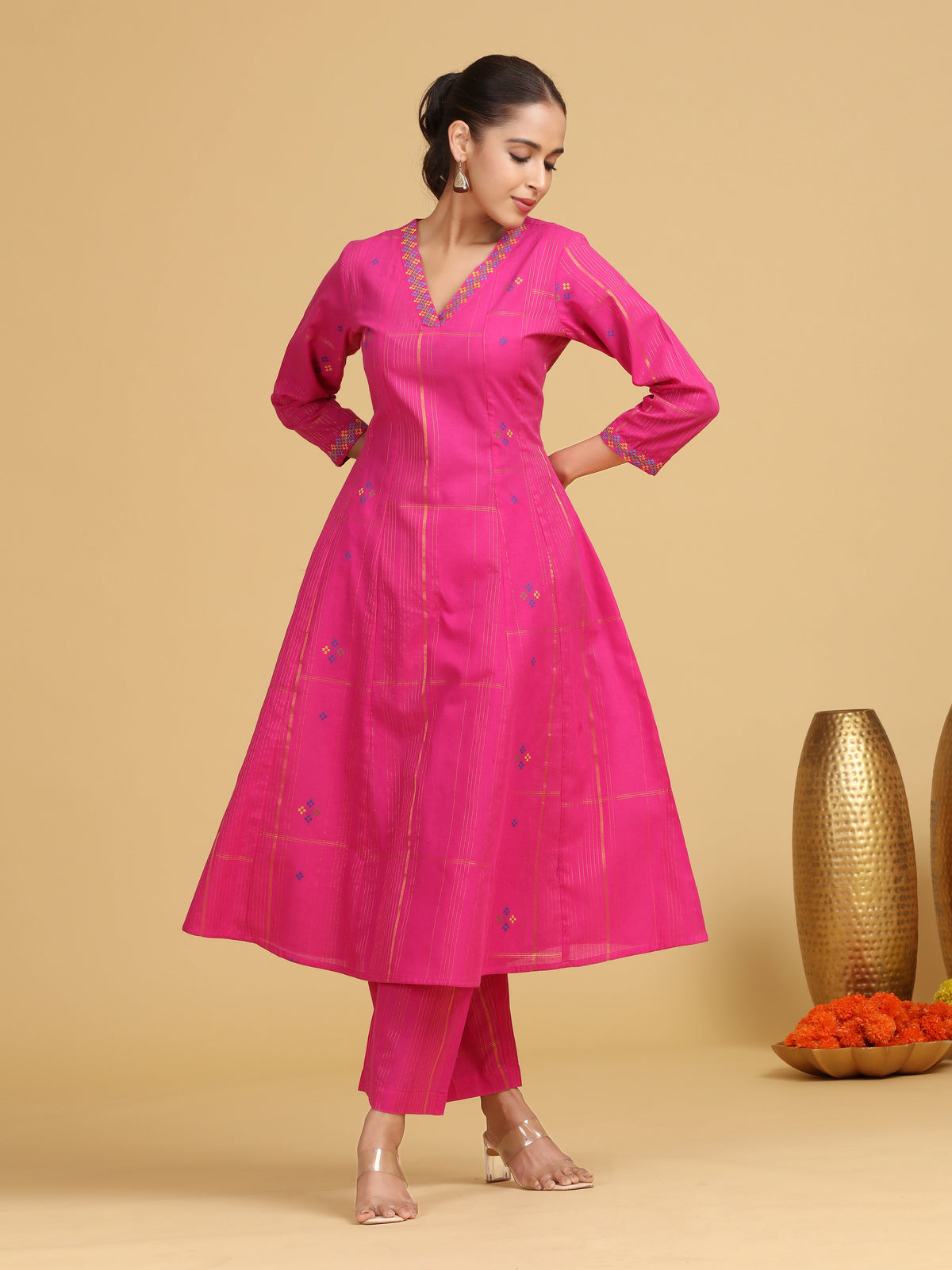 Pink Striped Embroidered A-Line Ethnic Set