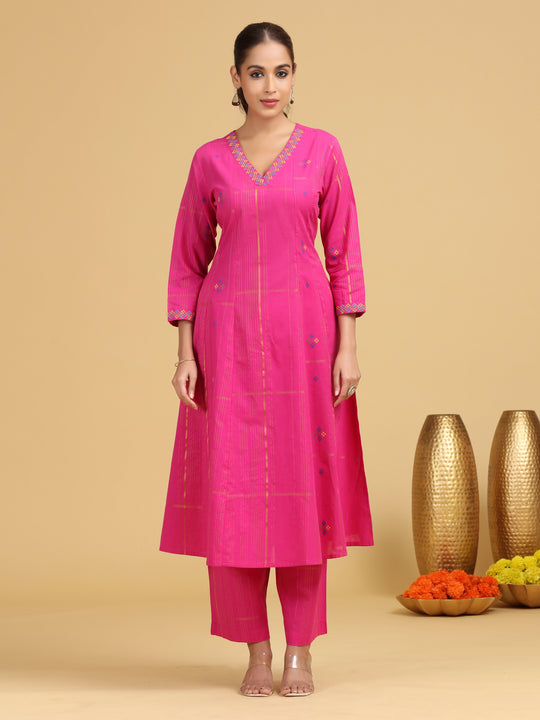 Pink Striped Embroidered A-Line Ethnic Set
