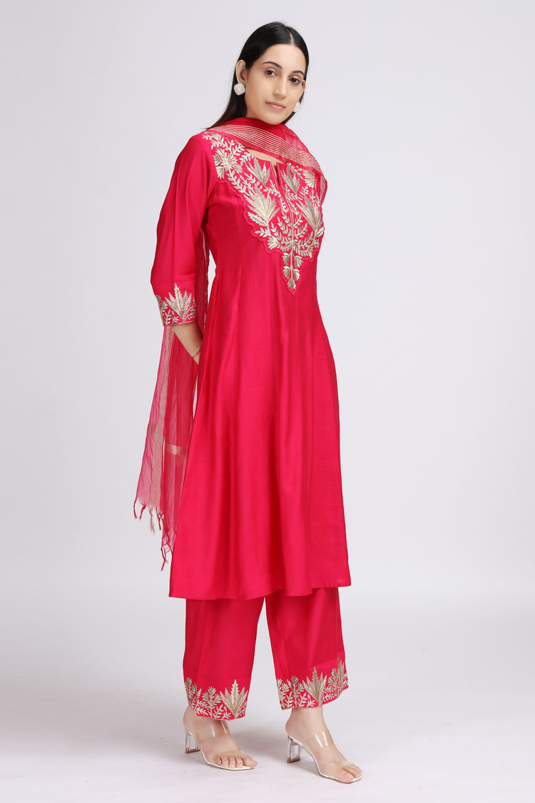Pink Viscose Embroidered A Line Kurta Palazzo and Dupatta Suit Set for women