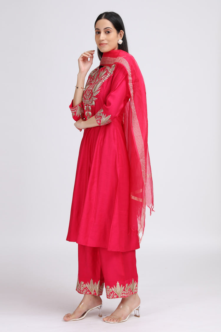 Pink Viscose Embroidered A Line Kurta Palazzo and Dupatta Suit Set for women