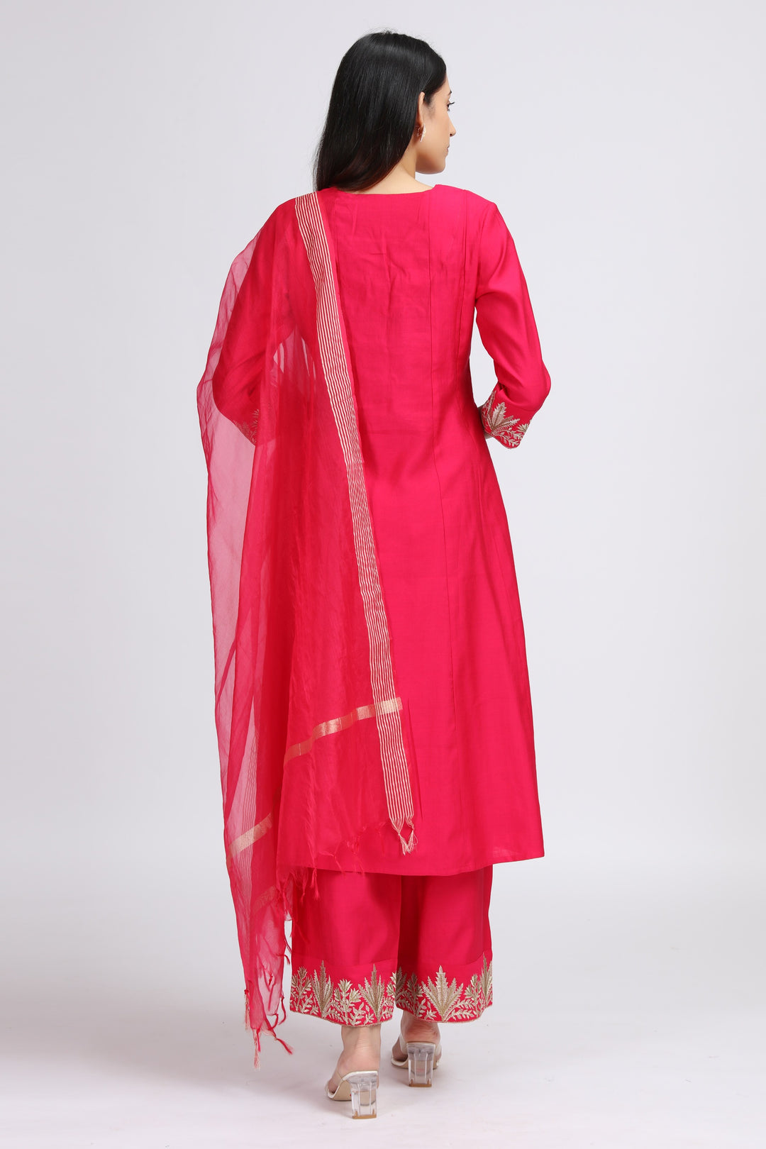Pink Viscose Embroidered A Line Kurta Palazzo and Dupatta Suit Set for women