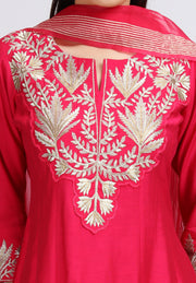 Pink Viscose Embroidered A Line Kurta Palazzo and Dupatta Suit Set for women