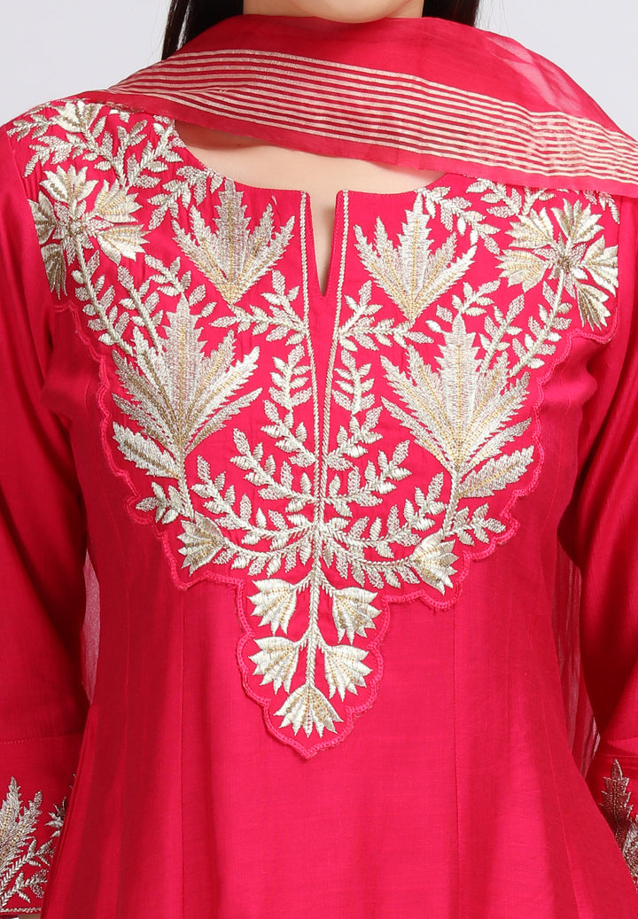 Pink Viscose Embroidered A Line Kurta Palazzo and Dupatta Suit Set for women