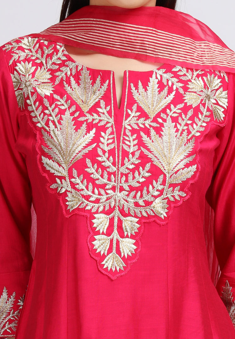 Pink Viscose Embroidered A Line Kurta Palazzo and Dupatta Suit Set for women