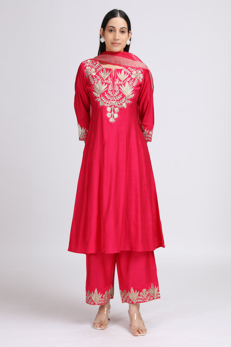 Pink Viscose Embroidered A Line Kurta Palazzo and Dupatta Suit Set for women