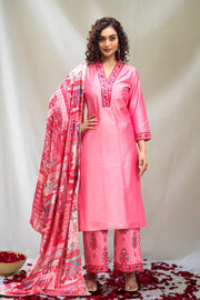 Pink PolySilk Straight Embroidered Kurta Pant Suit Set