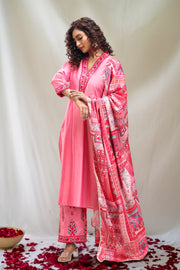 Pink PolySilk Straight Embroidered Kurta Pant Suit Set