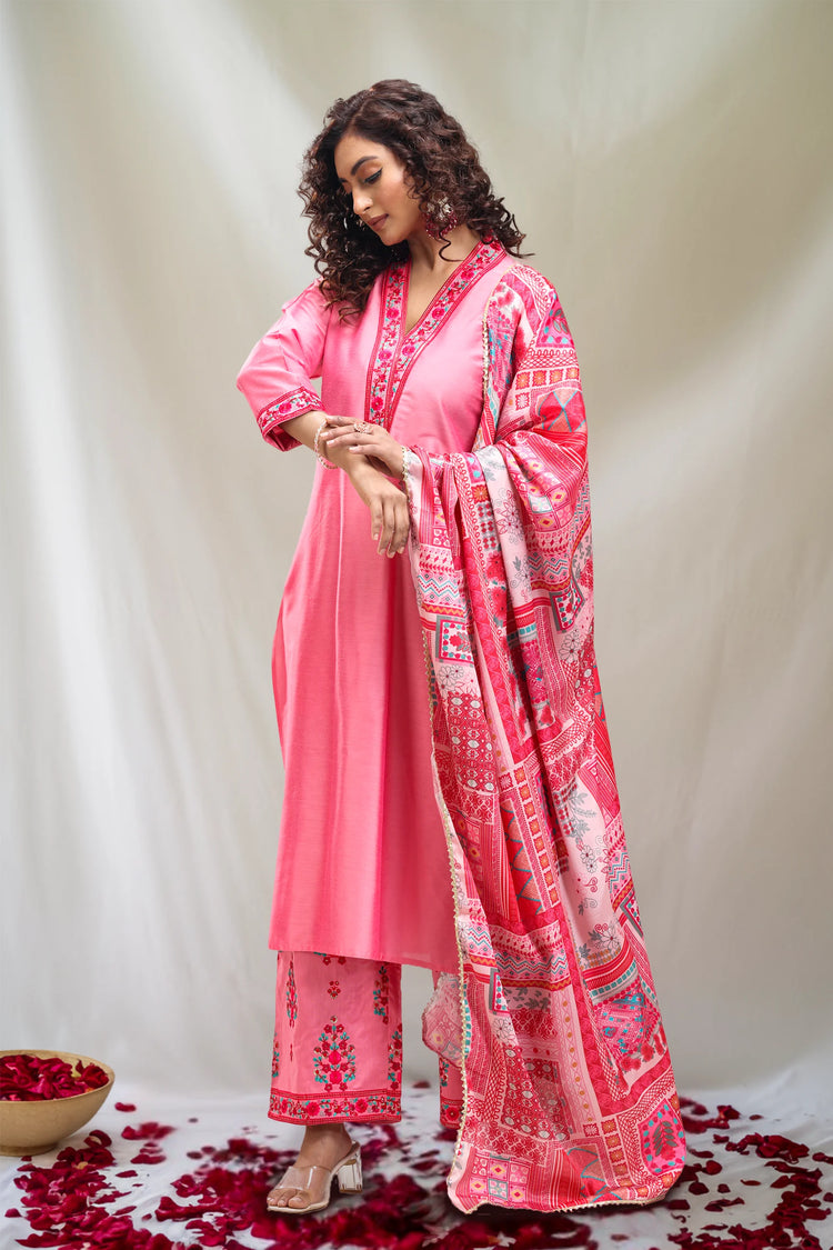 Pink PolySilk Straight Embroidered Kurta Pant Suit Set