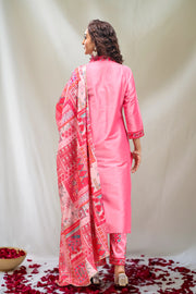 Pink PolySilk Straight Embroidered Kurta Pant Suit Set