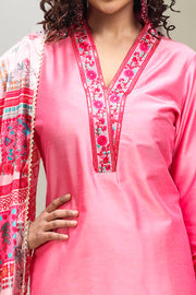 Pink PolySilk Straight Embroidered Kurta Pant Suit Set