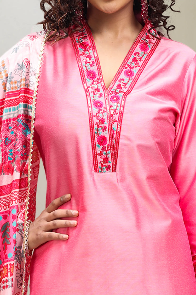 Pink PolySilk Straight Embroidered Kurta Pant Suit Set
