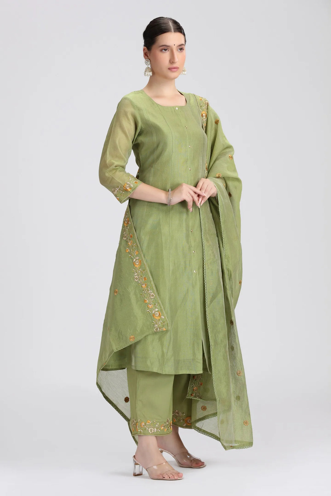 Green Chanderi Embroidered A Line Kurta Pant and Dupatta Suit Set