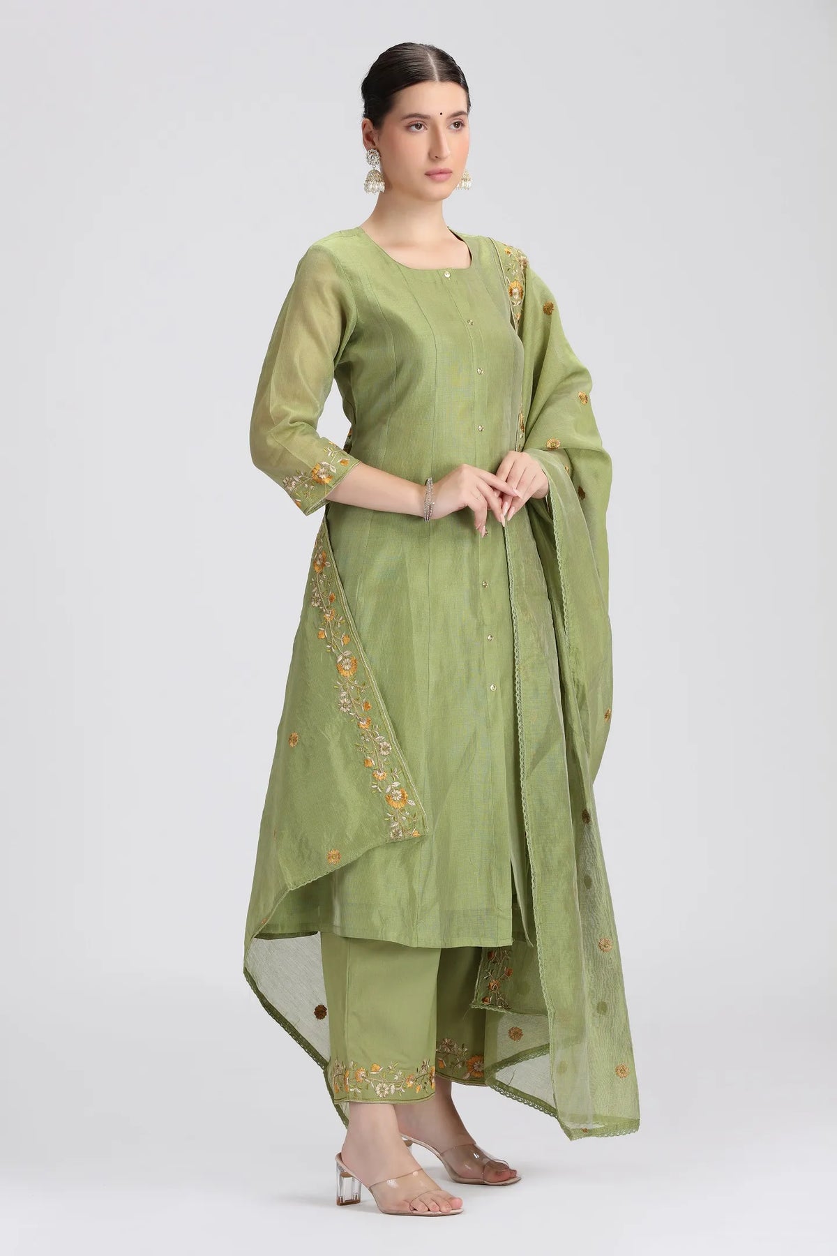 Green Chanderi Embroidered A Line Kurta Pant and Dupatta Suit Set