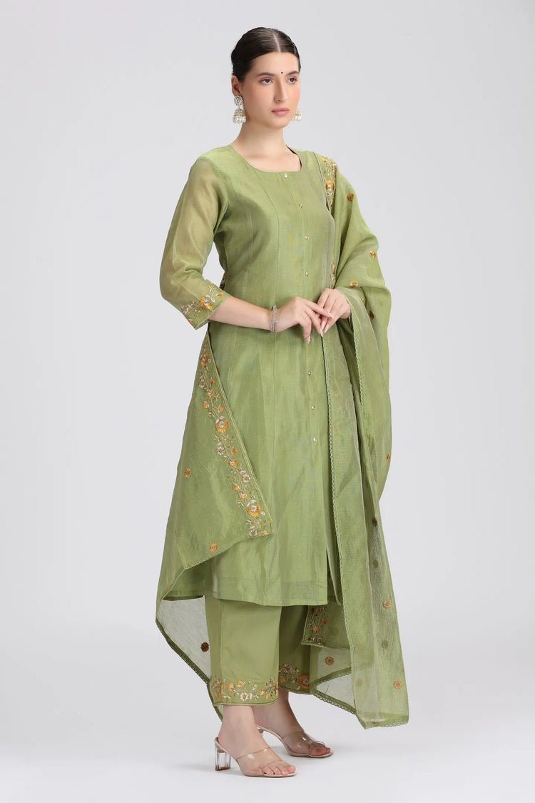 Green Chanderi Embroidered A Line Kurta Pant and Dupatta Suit Set