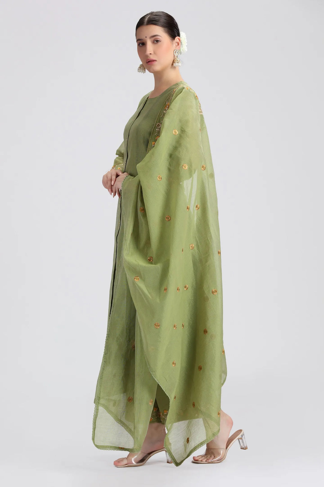 Green Chanderi Embroidered A Line Kurta Pant and Dupatta Suit Set