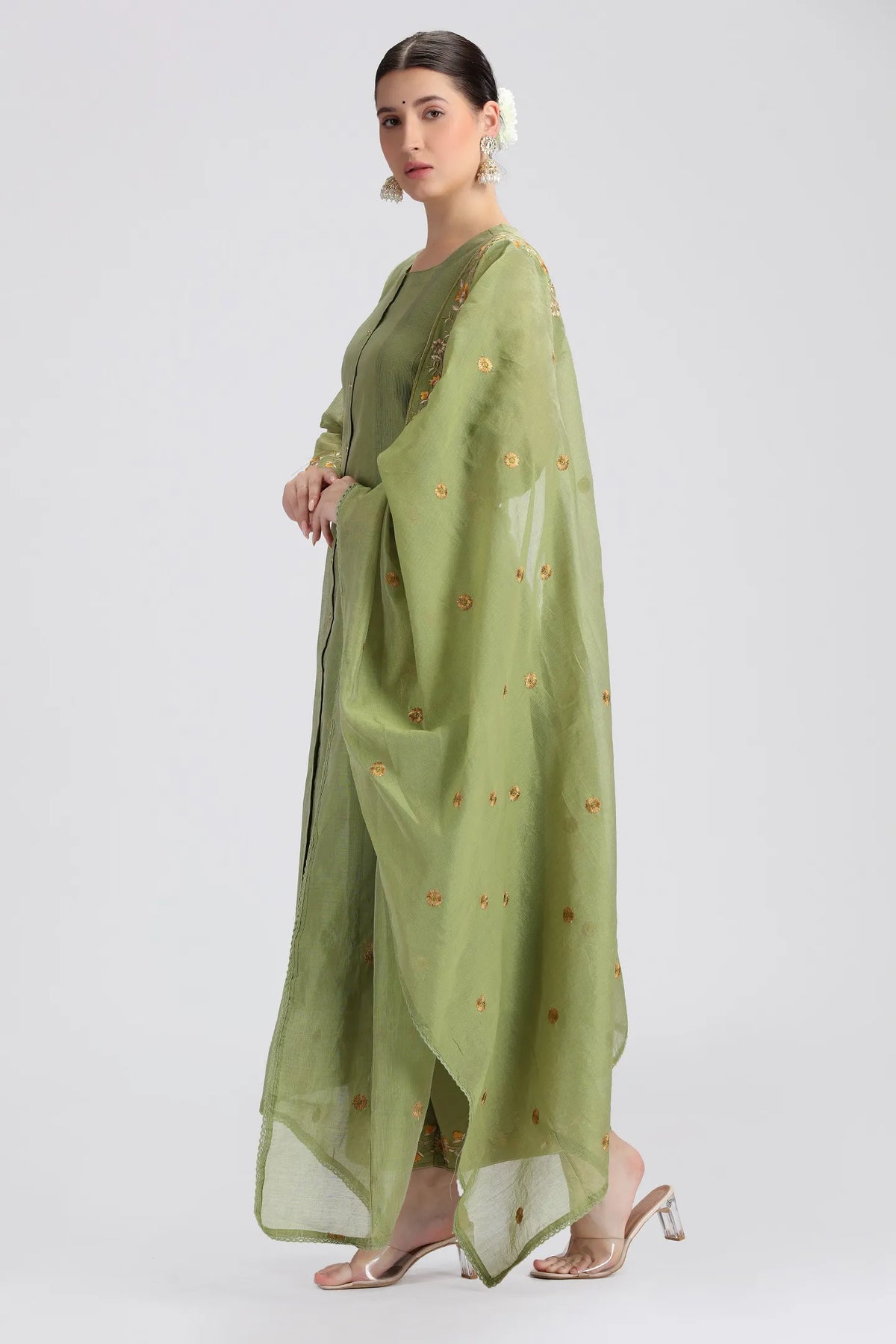 Green Chanderi Embroidered A Line Kurta Pant and Dupatta Suit Set