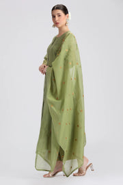 Green Chanderi Embroidered A Line Kurta Pant and Dupatta Suit Set