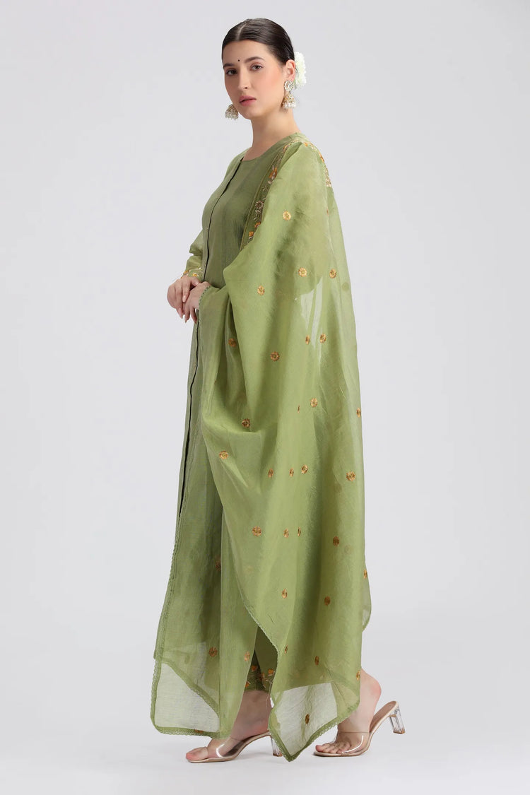Green Chanderi Embroidered A Line Kurta Pant and Dupatta Suit Set