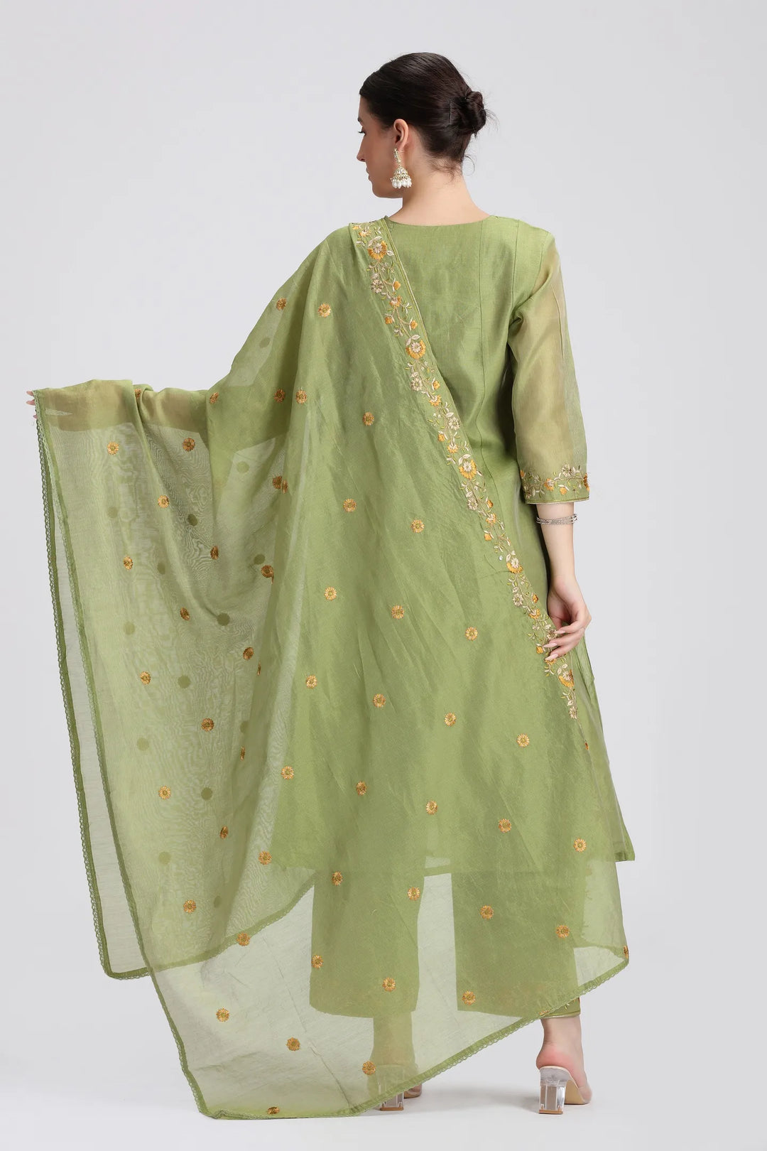 Green Chanderi Embroidered A Line Kurta Pant and Dupatta Suit Set