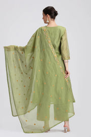 Green Chanderi Embroidered A Line Kurta Pant and Dupatta Suit Set