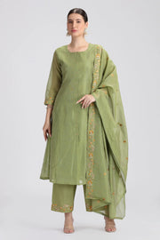 Green Chanderi Embroidered A Line Kurta Pant and Dupatta Suit Set