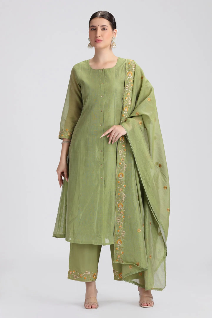 Green Chanderi Embroidered A Line Kurta Pant and Dupatta Suit Set
