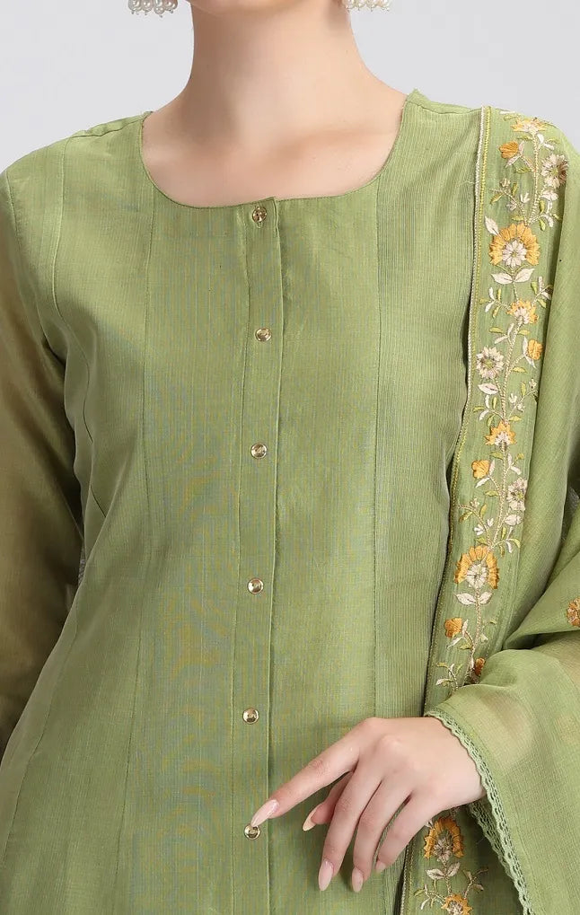 Green Chanderi Embroidered A Line Kurta Pant and Dupatta Suit Set