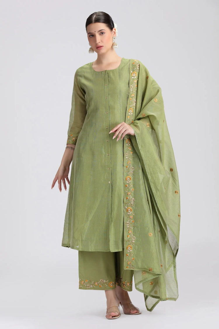 Green Chanderi Embroidered A Line Kurta Pant and Dupatta Suit Set