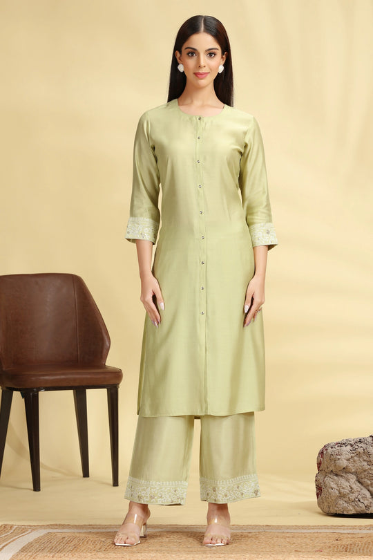Pista Green Poly Silk Embroidered Straight Kurta Pant Co ord Set for women and girls
