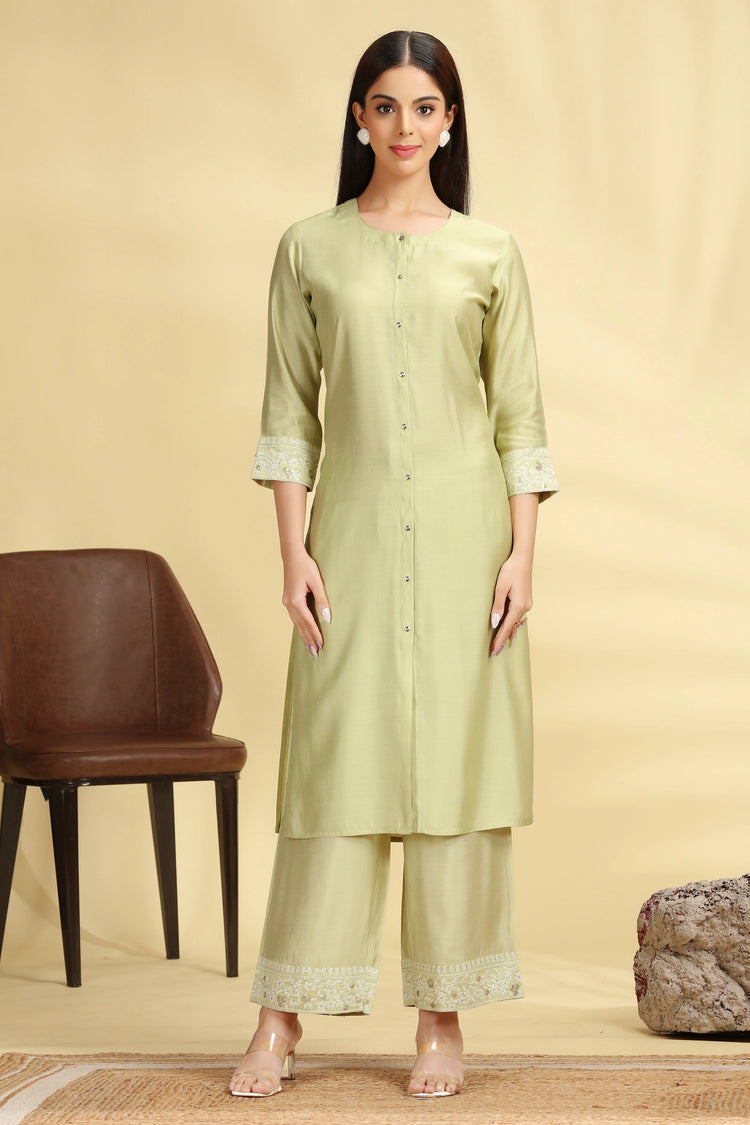 Pista Green Poly Silk Embroidered Straight Kurta Pant Co ord Set for women and girls