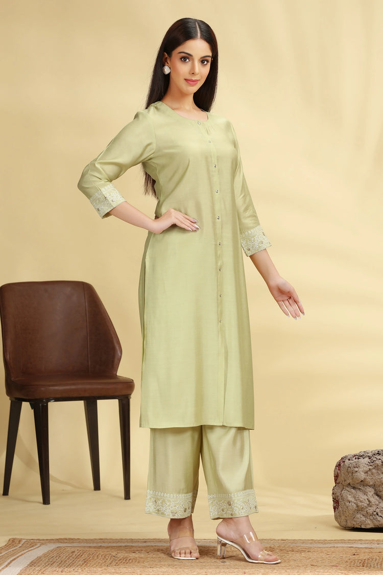 Pista Green Poly Silk Embroidered Straight Kurta Pant Co ord Set for women and girls