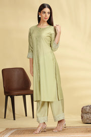 Pista Green Poly Silk Embroidered Straight Kurta Pant Co ord Set for women and girls