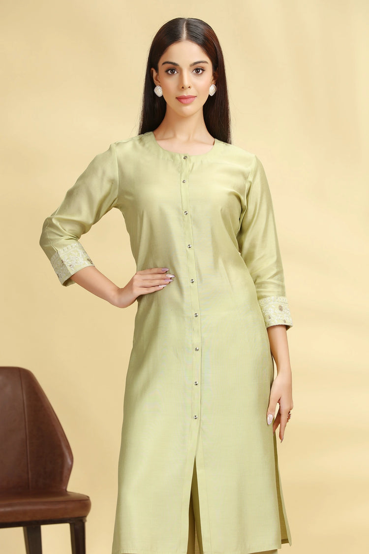 Pista Green Poly Silk Embroidered Straight Kurta Pant Co ord Set for women and girls