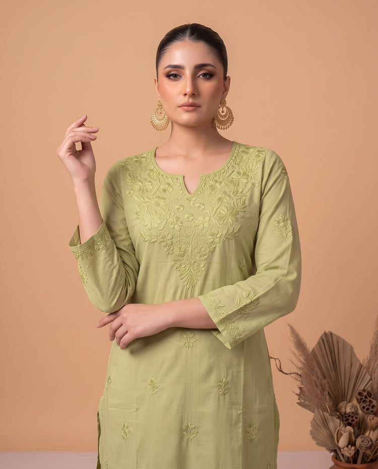 Pista Green Chikankari Women's Long Kurta
