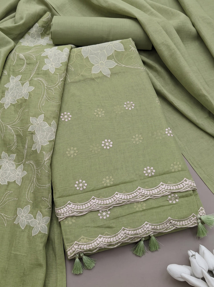 Pista Green Embroidered Cotton Dress Material