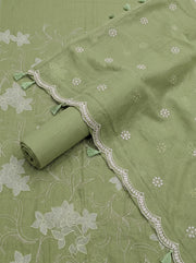 Pista Green Embroidered Cotton Dress Material