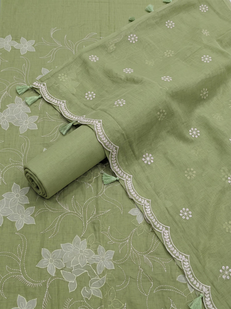 Pista Green Embroidered Cotton Dress Material